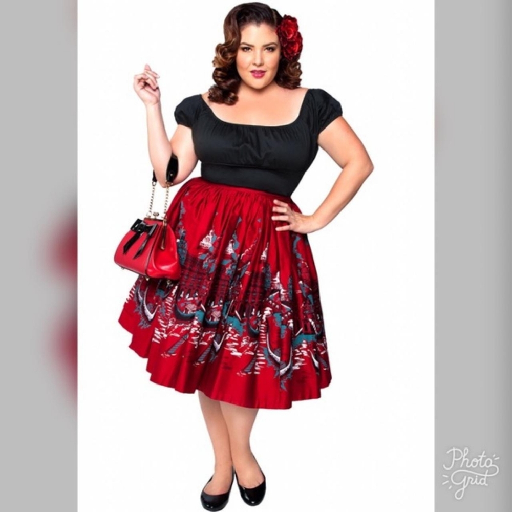 Pinup Girl Clothing Red A-Line Venetian Print Skirt - Picture 1 of 5